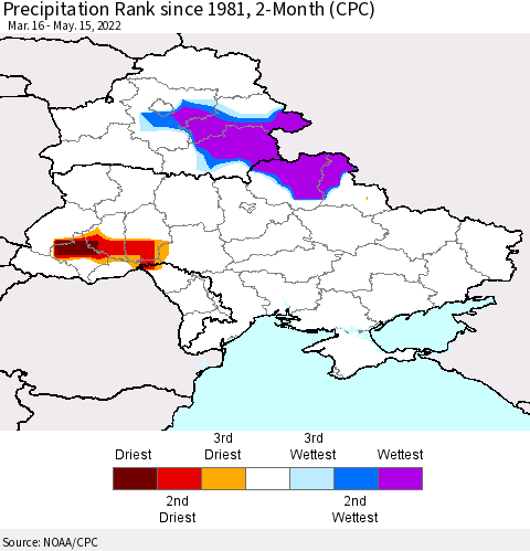 Ukraine, Moldova and Belarus Precipitation Rank since 1981, 2-Month (CPC) Thematic Map For 3/16/2022 - 5/15/2022
