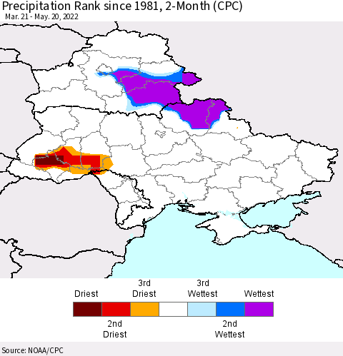 Ukraine, Moldova and Belarus Precipitation Rank since 1981, 2-Month (CPC) Thematic Map For 3/21/2022 - 5/20/2022