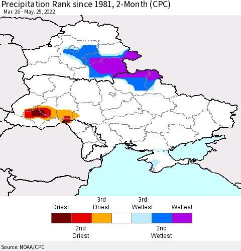 Ukraine, Moldova and Belarus Precipitation Rank since 1981, 2-Month (CPC) Thematic Map For 3/26/2022 - 5/25/2022