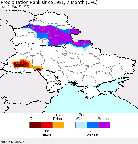 Ukraine, Moldova and Belarus Precipitation Rank since 1981, 2-Month (CPC) Thematic Map For 4/1/2022 - 5/31/2022
