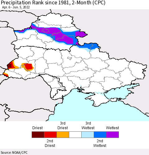 Ukraine, Moldova and Belarus Precipitation Rank since 1981, 2-Month (CPC) Thematic Map For 4/6/2022 - 6/5/2022