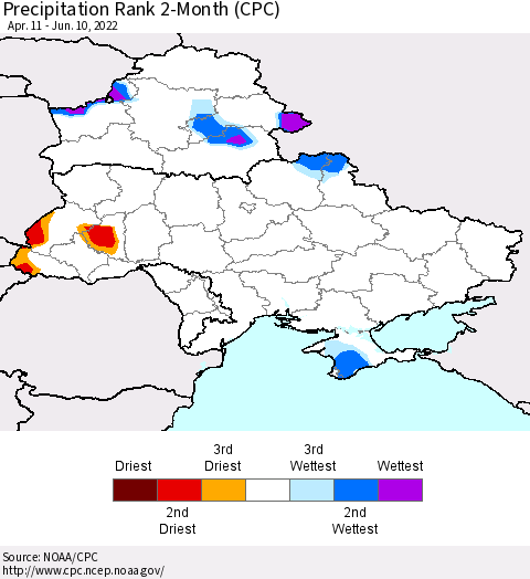 Ukraine, Moldova and Belarus Precipitation Rank since 1981, 2-Month (CPC) Thematic Map For 4/11/2022 - 6/10/2022