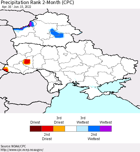 Ukraine, Moldova and Belarus Precipitation Rank since 1981, 2-Month (CPC) Thematic Map For 4/16/2022 - 6/15/2022