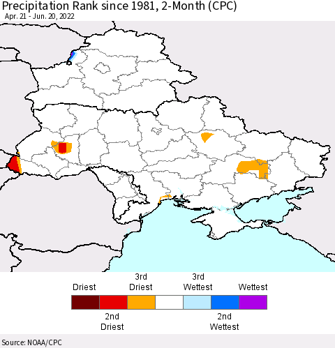 Ukraine, Moldova and Belarus Precipitation Rank since 1981, 2-Month (CPC) Thematic Map For 4/21/2022 - 6/20/2022
