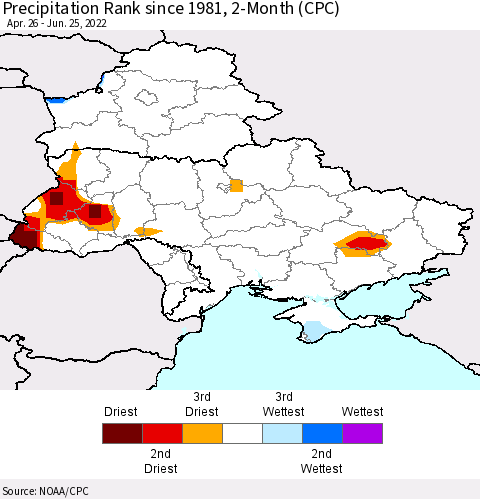Ukraine, Moldova and Belarus Precipitation Rank since 1981, 2-Month (CPC) Thematic Map For 4/26/2022 - 6/25/2022