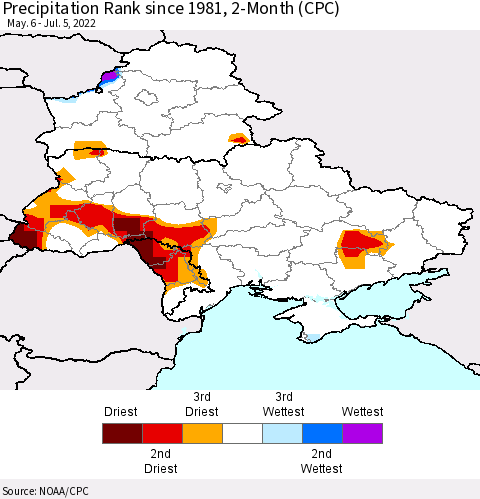 Ukraine, Moldova and Belarus Precipitation Rank 2-Month (CPC) Thematic Map For 5/6/2022 - 7/5/2022