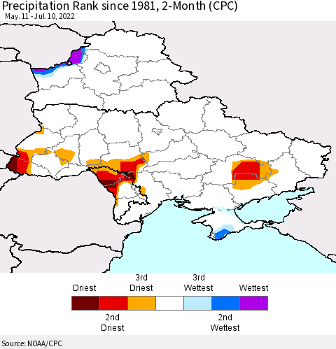 Ukraine, Moldova and Belarus Precipitation Rank since 1981, 2-Month (CPC) Thematic Map For 5/11/2022 - 7/10/2022