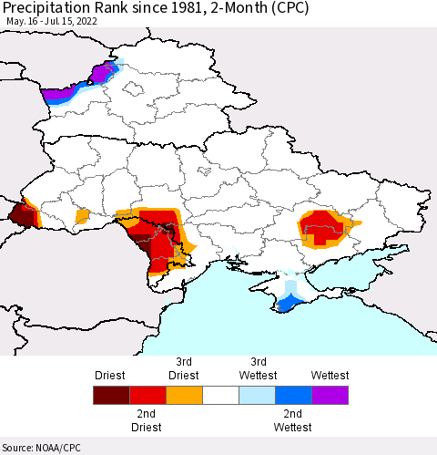 Ukraine, Moldova and Belarus Precipitation Rank 2-Month (CPC) Thematic Map For 5/16/2022 - 7/15/2022