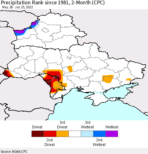 Ukraine, Moldova and Belarus Precipitation Rank since 1981, 2-Month (CPC) Thematic Map For 5/26/2022 - 7/25/2022