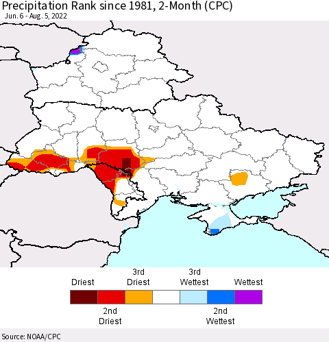 Ukraine, Moldova and Belarus Precipitation Rank since 1981, 2-Month (CPC) Thematic Map For 6/6/2022 - 8/5/2022