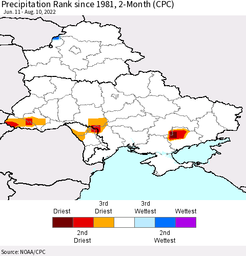 Ukraine, Moldova and Belarus Precipitation Rank since 1981, 2-Month (CPC) Thematic Map For 6/11/2022 - 8/10/2022