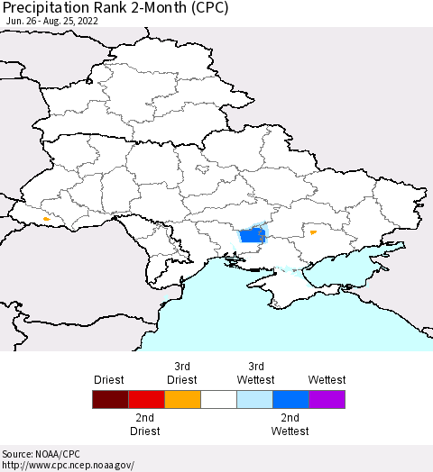 Ukraine, Moldova and Belarus Precipitation Rank 2-Month (CPC) Thematic Map For 6/26/2022 - 8/25/2022