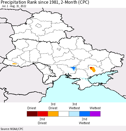 Ukraine, Moldova and Belarus Precipitation Rank since 1981, 2-Month (CPC) Thematic Map For 7/1/2022 - 8/31/2022