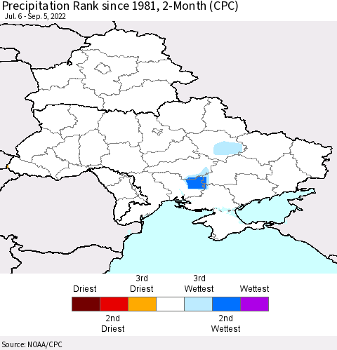 Ukraine, Moldova and Belarus Precipitation Rank since 1981, 2-Month (CPC) Thematic Map For 7/6/2022 - 9/5/2022