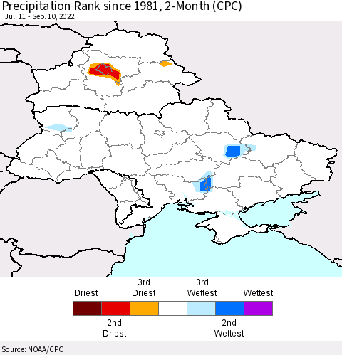 Ukraine, Moldova and Belarus Precipitation Rank since 1981, 2-Month (CPC) Thematic Map For 7/11/2022 - 9/10/2022