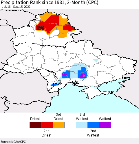 Ukraine, Moldova and Belarus Precipitation Rank since 1981, 2-Month (CPC) Thematic Map For 7/16/2022 - 9/15/2022