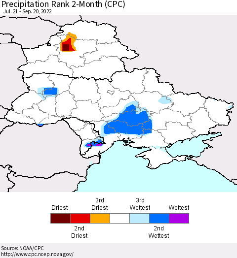 Ukraine, Moldova and Belarus Precipitation Rank 2-Month (CPC) Thematic Map For 7/21/2022 - 9/20/2022