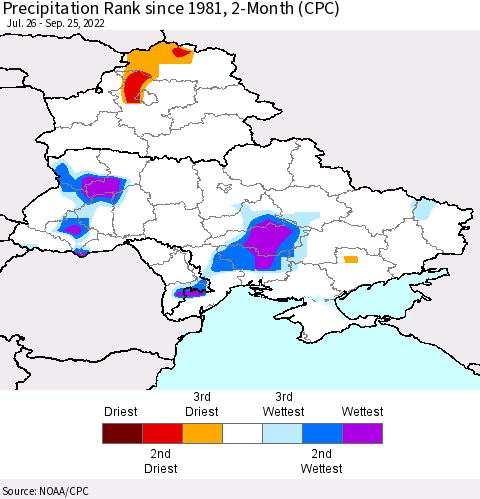 Ukraine, Moldova and Belarus Precipitation Rank since 1981, 2-Month (CPC) Thematic Map For 7/26/2022 - 9/25/2022