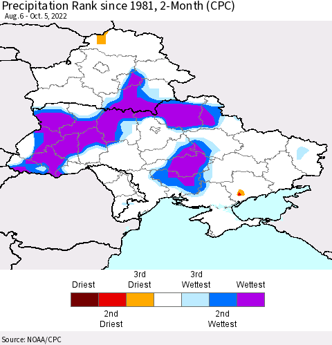 Ukraine, Moldova and Belarus Precipitation Rank since 1981, 2-Month (CPC) Thematic Map For 8/6/2022 - 10/5/2022
