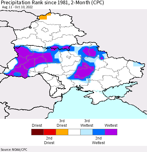 Ukraine, Moldova and Belarus Precipitation Rank 2-Month (CPC) Thematic Map For 8/11/2022 - 10/10/2022