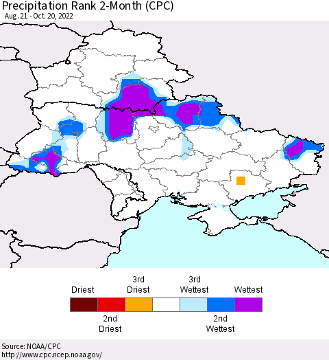 Ukraine, Moldova and Belarus Precipitation Rank 2-Month (CPC) Thematic Map For 8/21/2022 - 10/20/2022