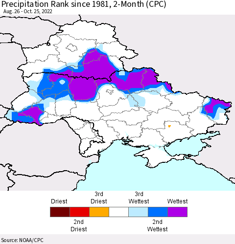 Ukraine, Moldova and Belarus Precipitation Rank since 1981, 2-Month (CPC) Thematic Map For 8/26/2022 - 10/25/2022