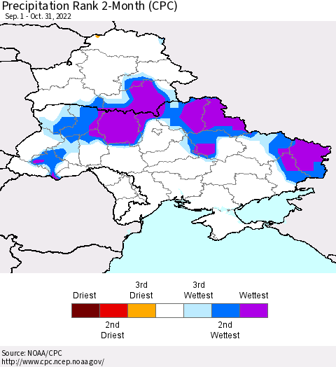 Ukraine, Moldova and Belarus Precipitation Rank 2-Month (CPC) Thematic Map For 9/1/2022 - 10/31/2022