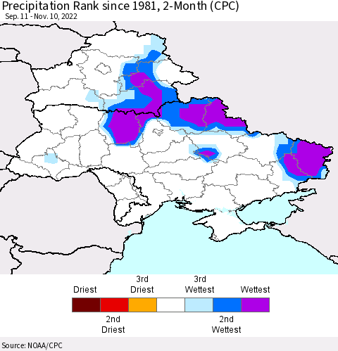 Ukraine, Moldova and Belarus Precipitation Rank 2-Month (CPC) Thematic Map For 9/11/2022 - 11/10/2022
