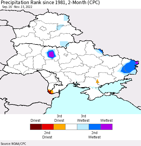 Ukraine, Moldova and Belarus Precipitation Rank since 1981, 2-Month (CPC) Thematic Map For 9/16/2022 - 11/15/2022