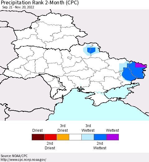 Ukraine, Moldova and Belarus Precipitation Rank 2-Month (CPC) Thematic Map For 9/21/2022 - 11/20/2022