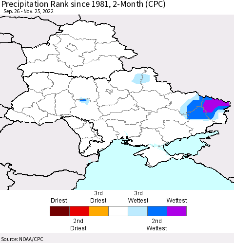 Ukraine, Moldova and Belarus Precipitation Rank since 1981, 2-Month (CPC) Thematic Map For 9/26/2022 - 11/25/2022