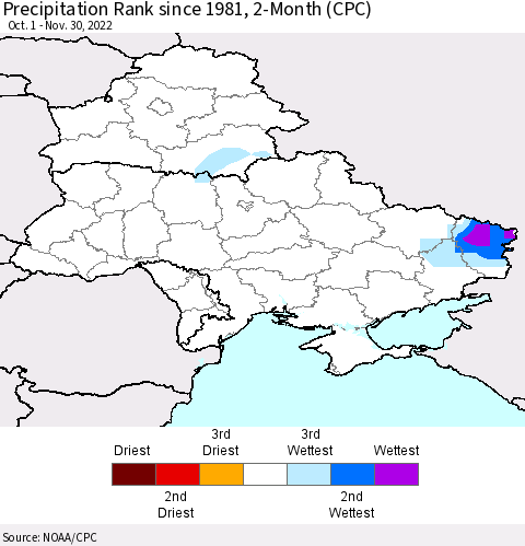 Ukraine, Moldova and Belarus Precipitation Rank 2-Month (CPC) Thematic Map For 10/1/2022 - 11/30/2022