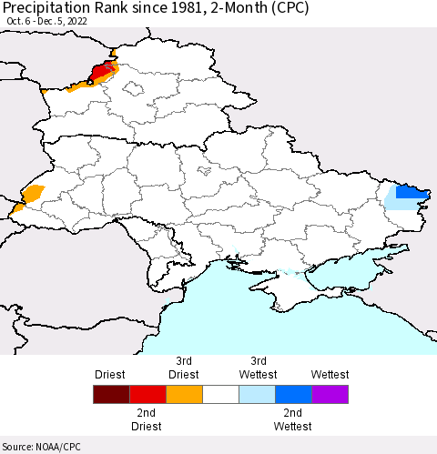 Ukraine, Moldova and Belarus Precipitation Rank 2-Month (CPC) Thematic Map For 10/6/2022 - 12/5/2022