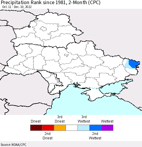 Ukraine, Moldova and Belarus Precipitation Rank 2-Month (CPC) Thematic Map For 10/11/2022 - 12/10/2022