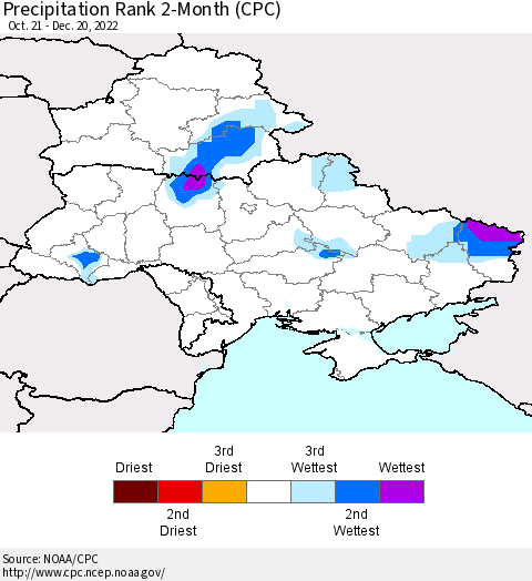 Ukraine, Moldova and Belarus Precipitation Rank 2-Month (CPC) Thematic Map For 10/21/2022 - 12/20/2022