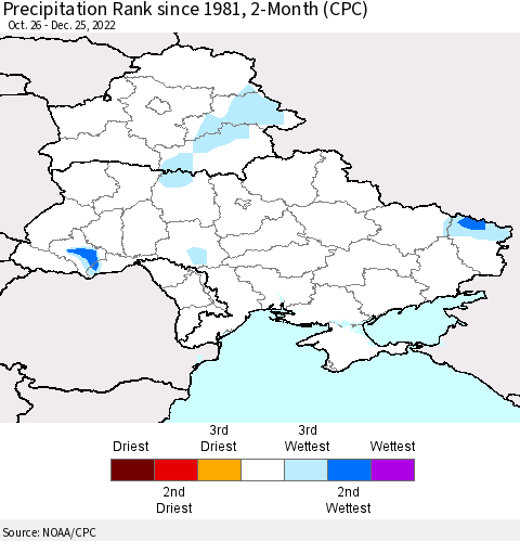 Ukraine, Moldova and Belarus Precipitation Rank since 1981, 2-Month (CPC) Thematic Map For 10/26/2022 - 12/25/2022