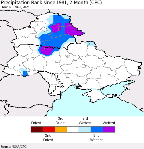 Ukraine, Moldova and Belarus Precipitation Rank 2-Month (CPC) Thematic Map For 11/6/2022 - 1/5/2023