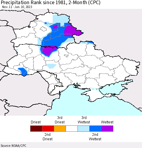 Ukraine, Moldova and Belarus Precipitation Rank 2-Month (CPC) Thematic Map For 11/11/2022 - 1/10/2023