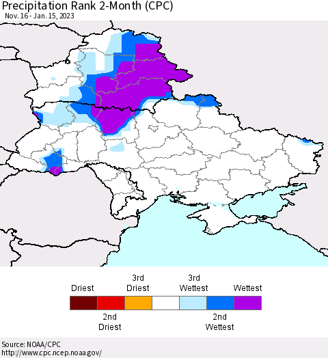 Ukraine, Moldova and Belarus Precipitation Rank 2-Month (CPC) Thematic Map For 11/16/2022 - 1/15/2023
