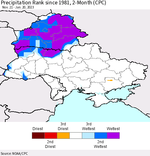 Ukraine, Moldova and Belarus Precipitation Rank since 1981, 2-Month (CPC) Thematic Map For 11/21/2022 - 1/20/2023