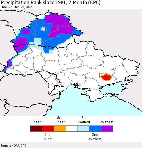 Ukraine, Moldova and Belarus Precipitation Rank since 1981, 2-Month (CPC) Thematic Map For 11/26/2022 - 1/25/2023