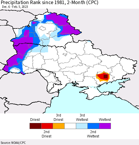 Ukraine, Moldova and Belarus Precipitation Rank 2-Month (CPC) Thematic Map For 12/6/2022 - 2/5/2023