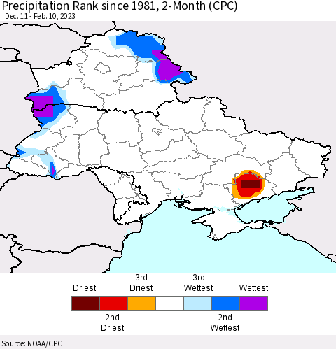 Ukraine, Moldova and Belarus Precipitation Rank 2-Month (CPC) Thematic Map For 12/11/2022 - 2/10/2023