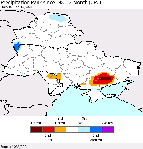 Ukraine, Moldova and Belarus Precipitation Rank 2-Month (CPC) Thematic Map For 12/16/2022 - 2/15/2023