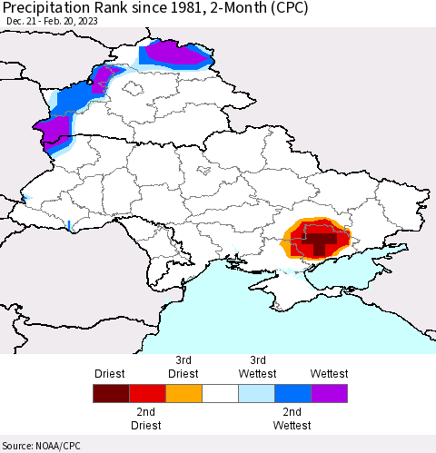 Ukraine, Moldova and Belarus Precipitation Rank 2-Month (CPC) Thematic Map For 12/21/2022 - 2/20/2023