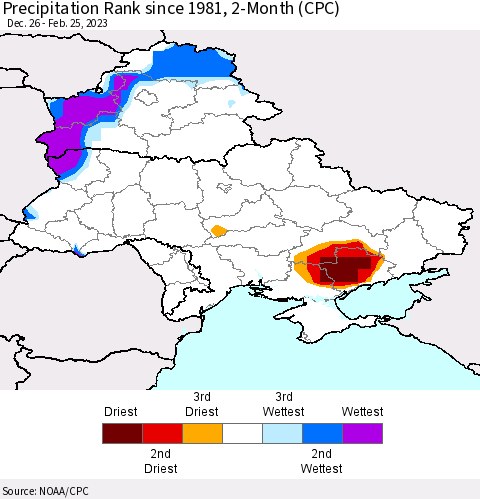 Ukraine, Moldova and Belarus Precipitation Rank 2-Month (CPC) Thematic Map For 12/26/2022 - 2/25/2023