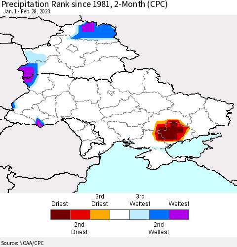 Ukraine, Moldova and Belarus Precipitation Rank since 1981, 2-Month (CPC) Thematic Map For 1/1/2023 - 2/28/2023