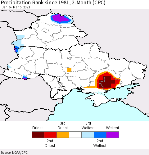 Ukraine, Moldova and Belarus Precipitation Rank since 1981, 2-Month (CPC) Thematic Map For 1/6/2023 - 3/5/2023