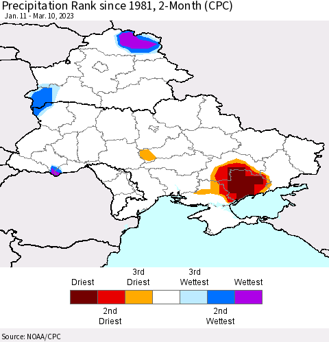 Ukraine, Moldova and Belarus Precipitation Rank since 1981, 2-Month (CPC) Thematic Map For 1/11/2023 - 3/10/2023