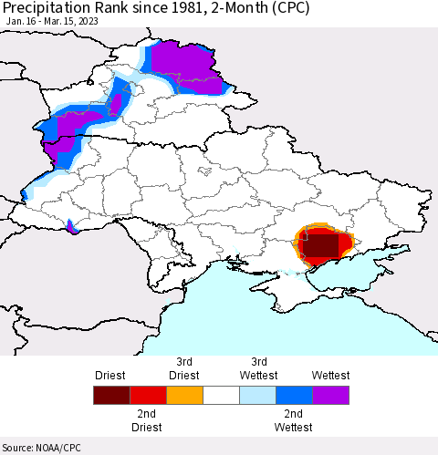 Ukraine, Moldova and Belarus Precipitation Rank since 1981, 2-Month (CPC) Thematic Map For 1/16/2023 - 3/15/2023